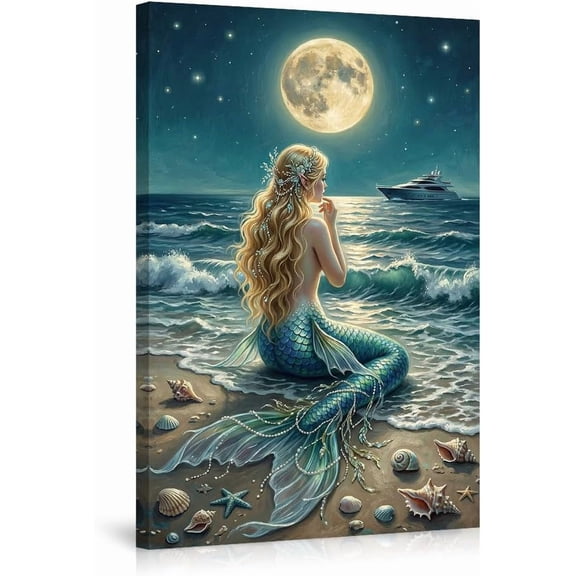 Enchanting Blonde Mermaid Canvas Wall Art, Fantasy Ocean Beach Decor with Full Moon, Seascape Poster for Living Room Bedroom Home Decoration