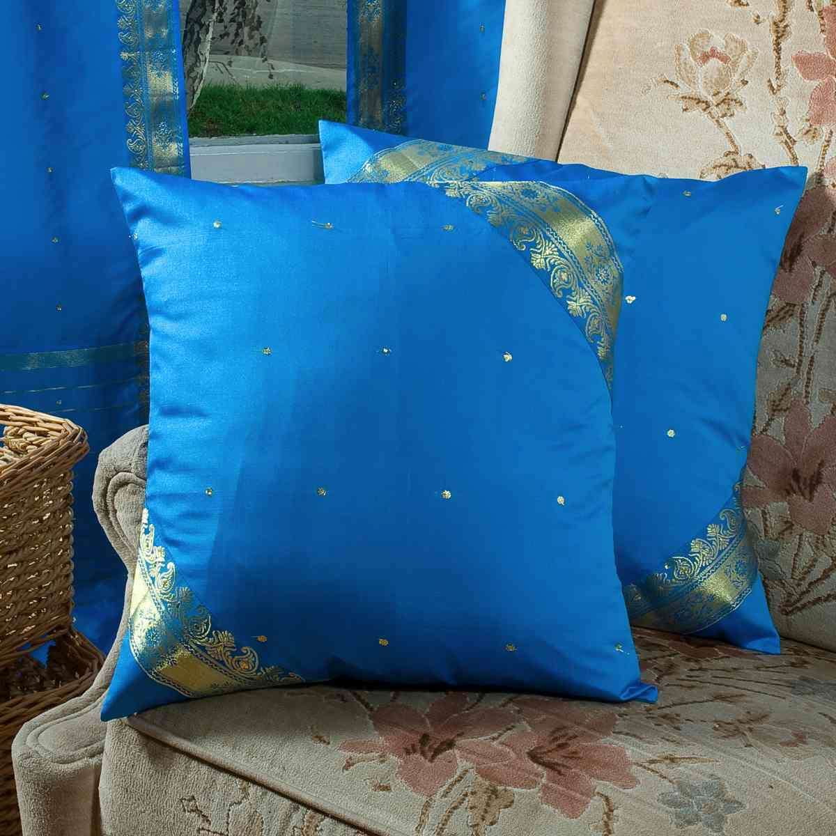 Aqua 20x20 Square Cotton Sari Silk Decorative Throw Pillow with