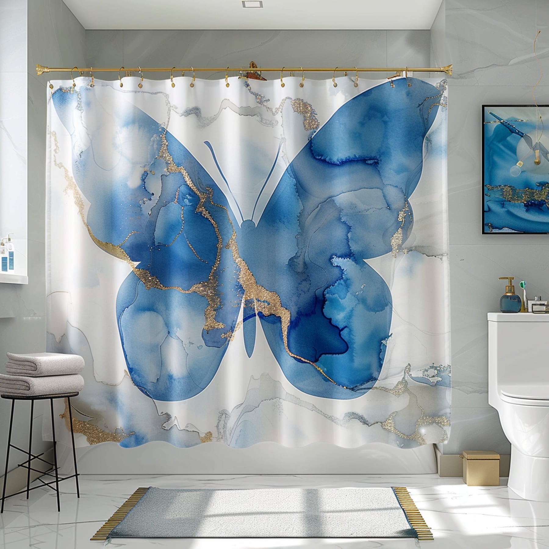Enchanting Blue Butterfly Watercolor Marble Shower Curtain Elegant