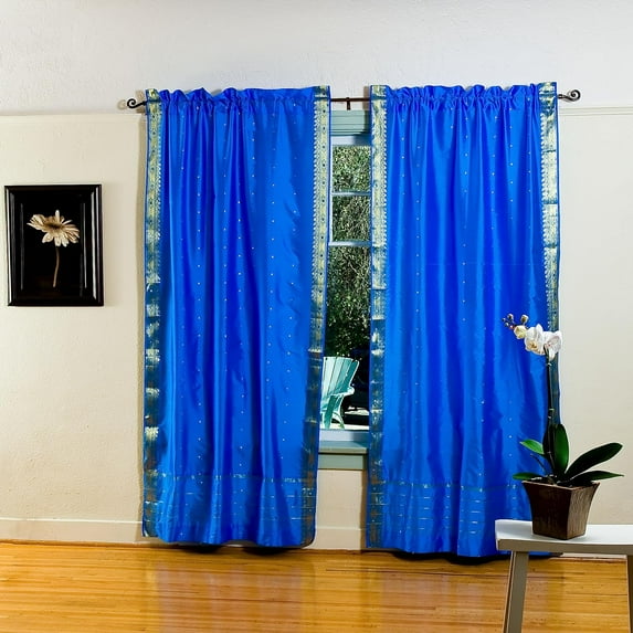 Enchanting Blue Rod Pocket Sheer Sari Cafe Curtain/Drape/Panel-43W x 36L-Pair