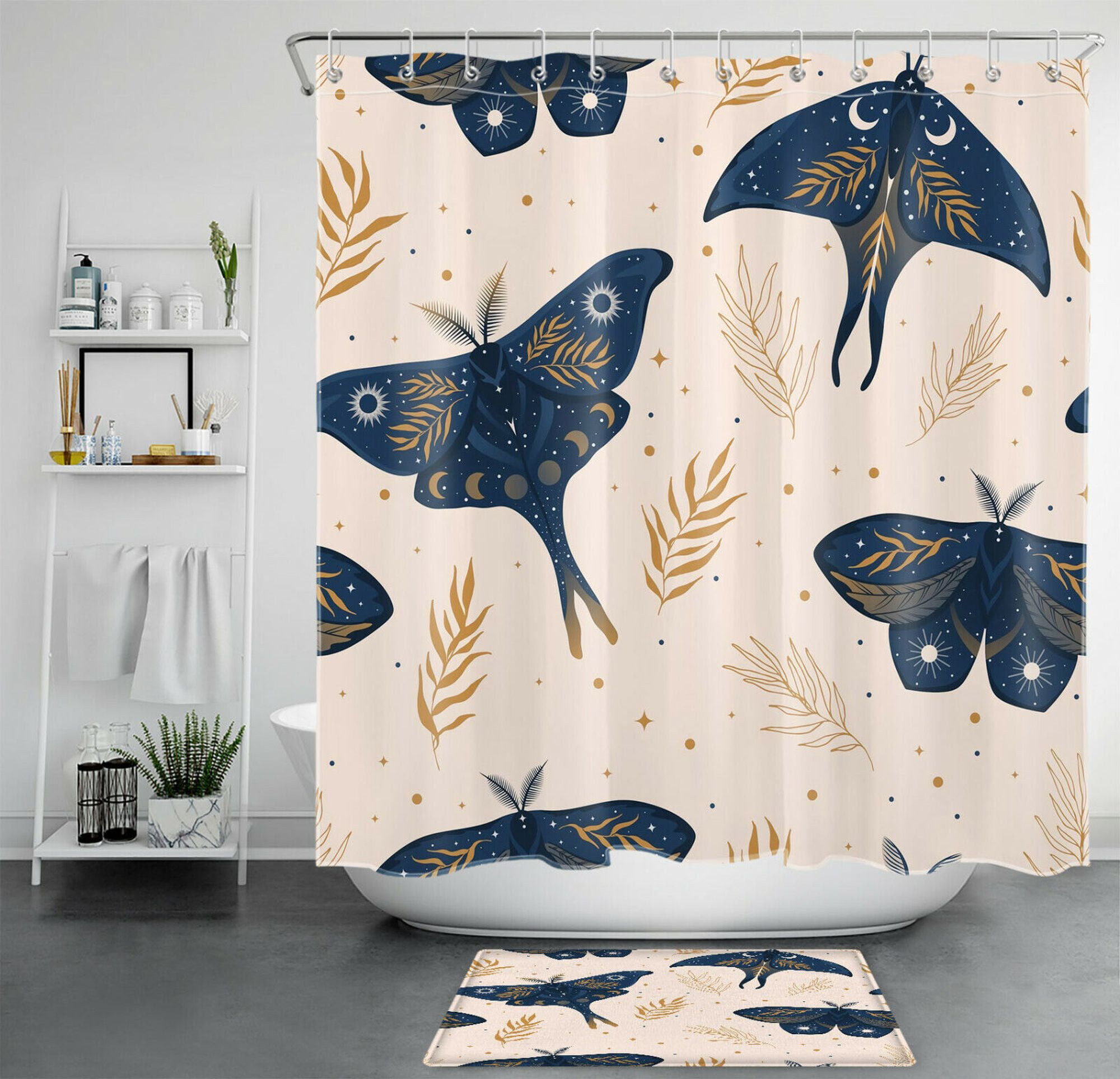 Enchanting Botanical Bliss: Butterfly and Moth Shower Curtain Set with ...