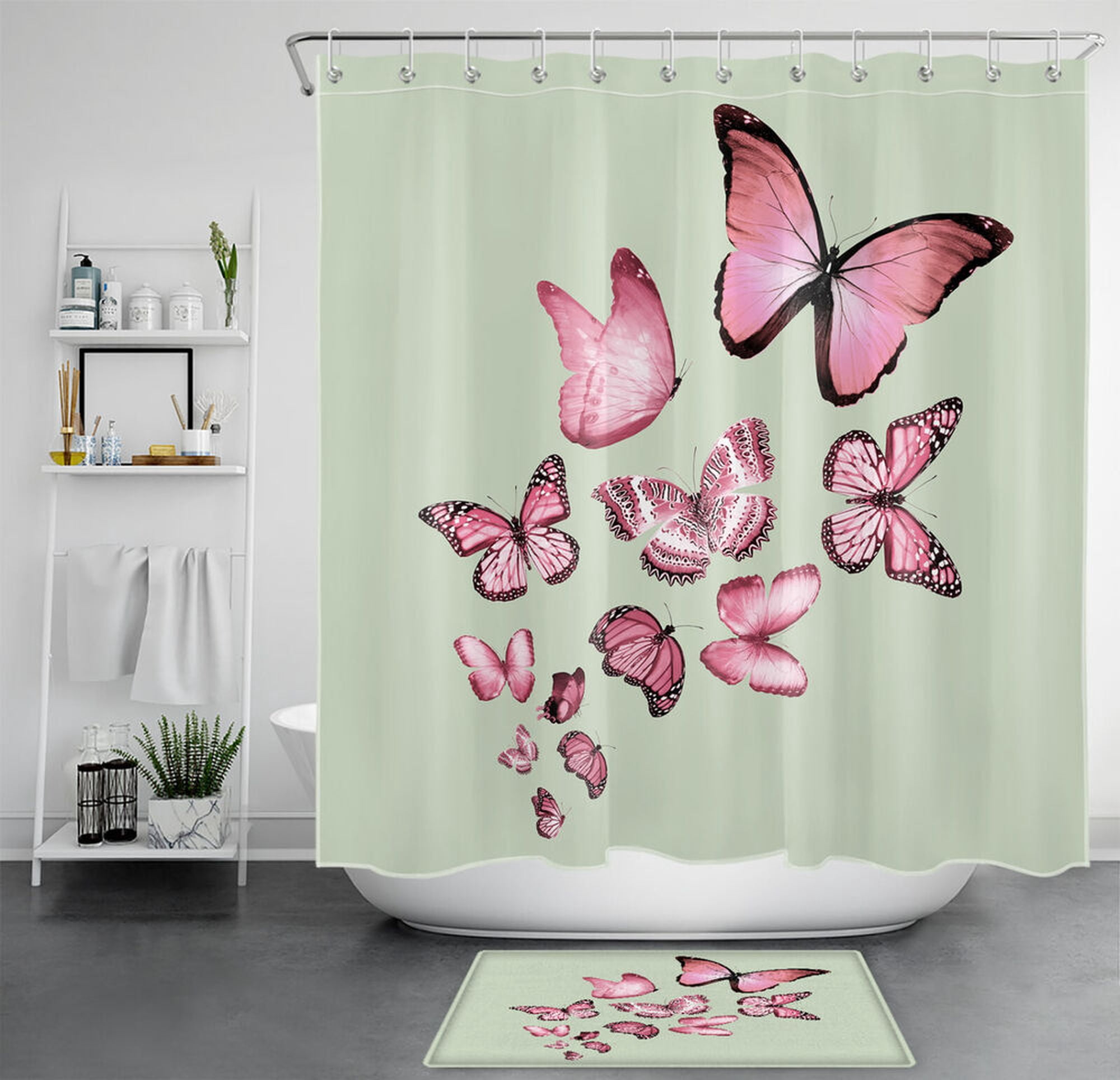 Enchanting Butterfly Haven Rustic Pink and Green Shower Curtain Set