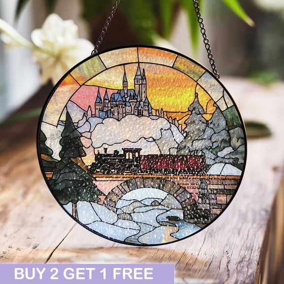 Enchanting Castle and Train Stained Glass Art - Scenic Window Panel with Sunset Landscape and Winter Charm