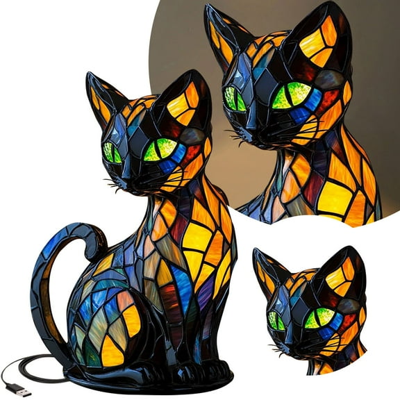 Glowing Night Light Desk Ornament Cat Theme LED Table Lamp with USB Ports Dyed Resin Bedside Light for Home Dcor Adorable Pet- Tabletop Night Light