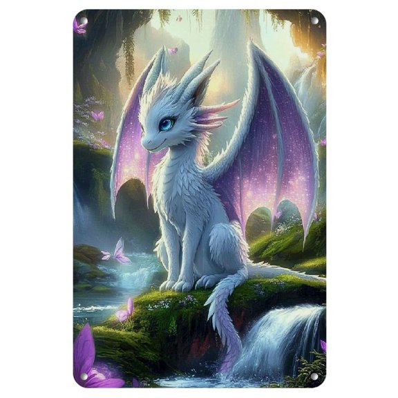 Enchanting Charm, Enchanted Dragon in Fairytale Garden Vintage Metal Tin Sign - 8x12 Inches - High Color Accuracy, Fine Detail, Durable Iron - Ideal for Home or Office Decor, Perfect Birthday Gift