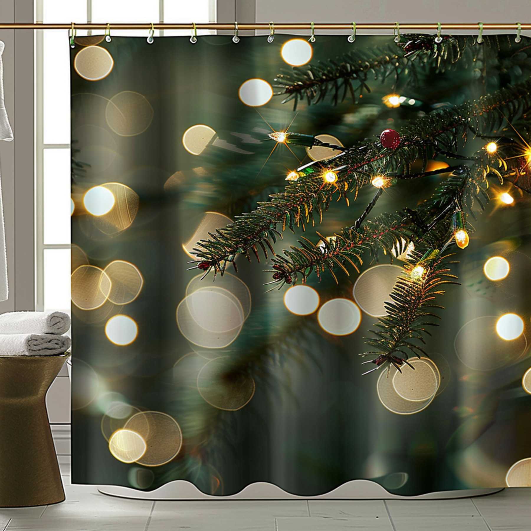 Enchanting Christmas Lights Shower Curtain Festive Pine Tree Design