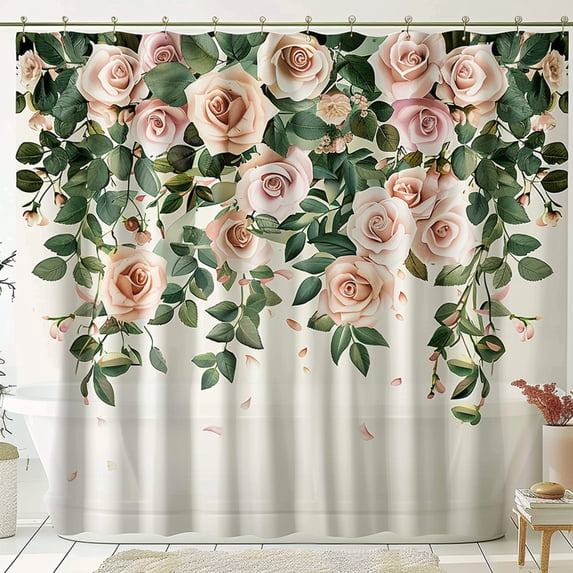 Enchanting Cottagecore Rose Garden Shower Curtain Pink Roses Green Leaves Beige Floral Pattern EyeCatching Design
