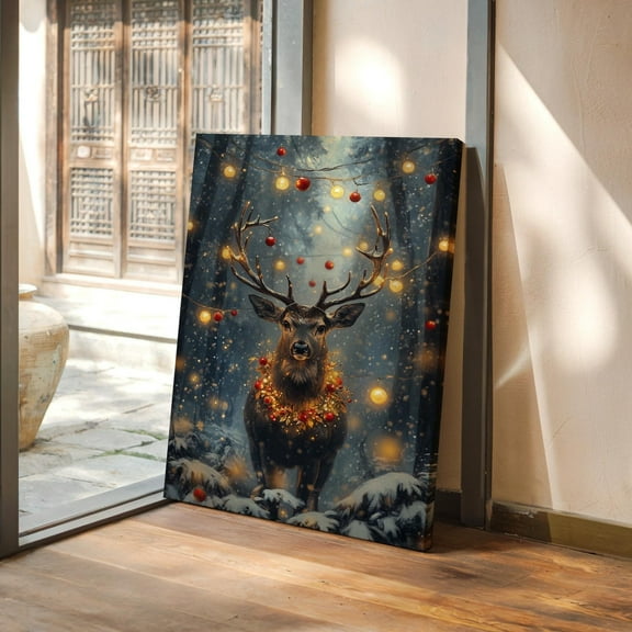 Enchanting Deer With Lights Art Print, Festive Winter Wall Decor, Magical Woodland Scene With Holiday Charm Wall Art, Modern Wall Decor, 12x18 UNFRAMED