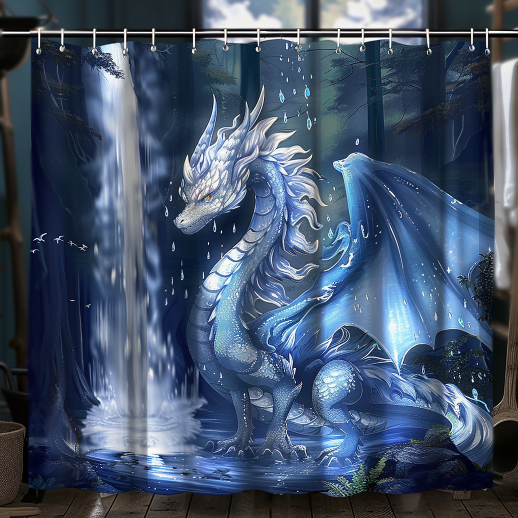 Enchanting Dragon Waterfall Shower Curtain Anime Style Bathroom Decor ...