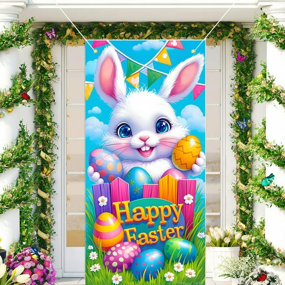 Enchanting Easter Door Decor Adorable Bunny With Colorful Eggs And Happy Easter Festive Springtime Decoration