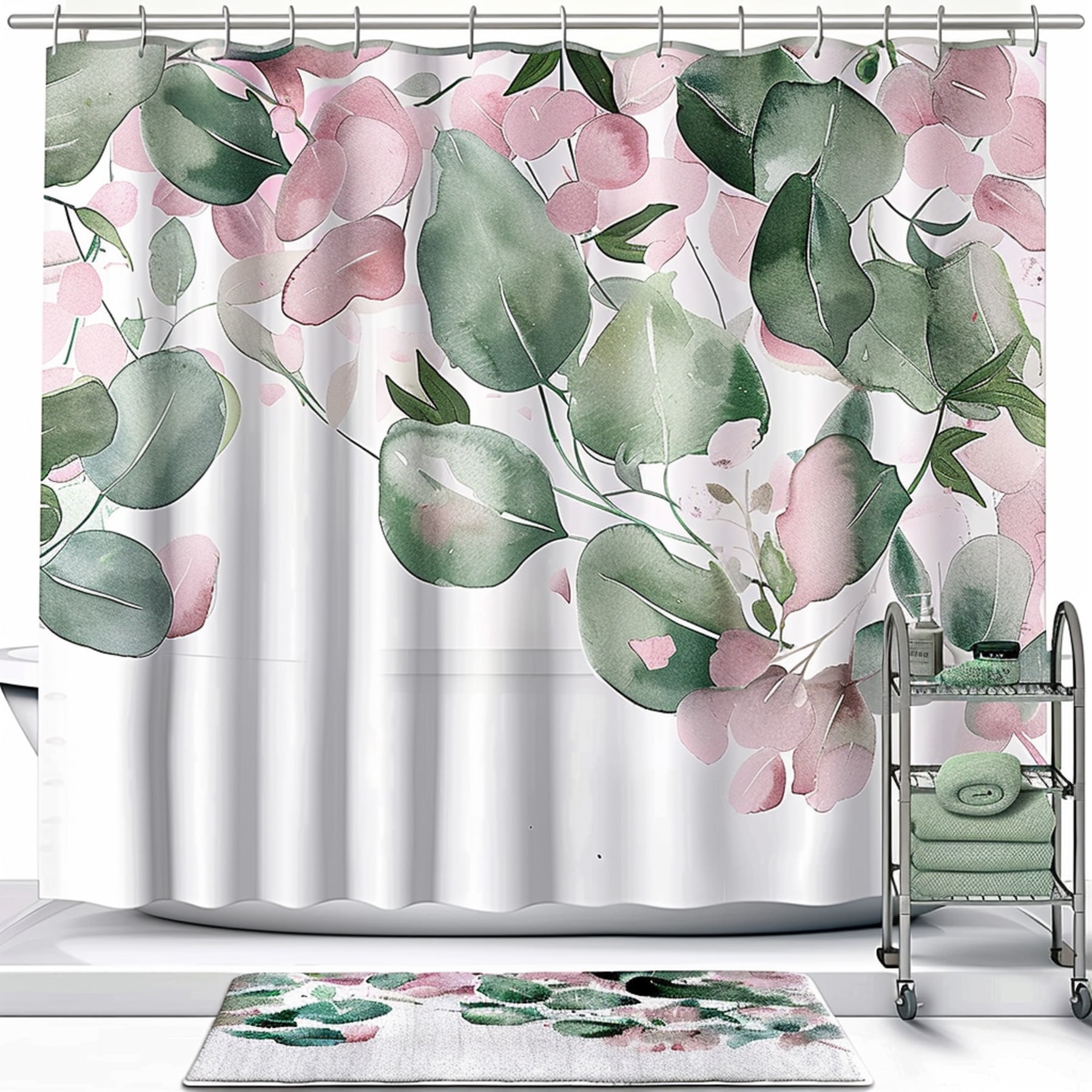 Enchanting Eucalyptus Watercolor Leaf Shower Curtain Set Pink Green and ...