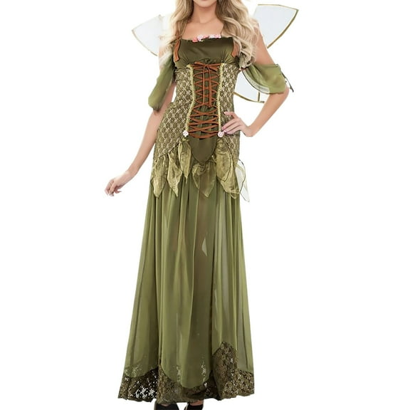 Enchanting Fairy Set Women Halloween Elegant Green Winged Dress Party Outfit