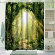 Enchanting Fantasy Forest Shower Curtain Nature-Inspired Bathroom Decor with Towering Trees Sunlight Rays and Hidden Treasures Green Forest Design