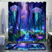 Enchanting Fantasy Forest Shower Curtain Set with Glowing Jellyfish and Elf Girl Art Modern Home Decor in Blue Purple Green Theme