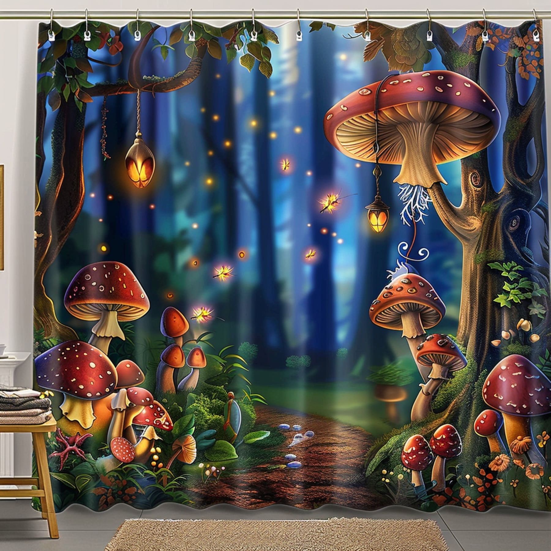 Enchanting Fantasy Forest Shower Curtain with Mushrooms and Fireflies ...