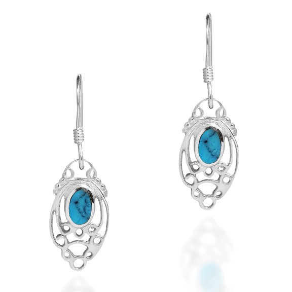 Enchanting Filigree Oval Blue Turquoise InlaySterling Silver Dangle Earrings