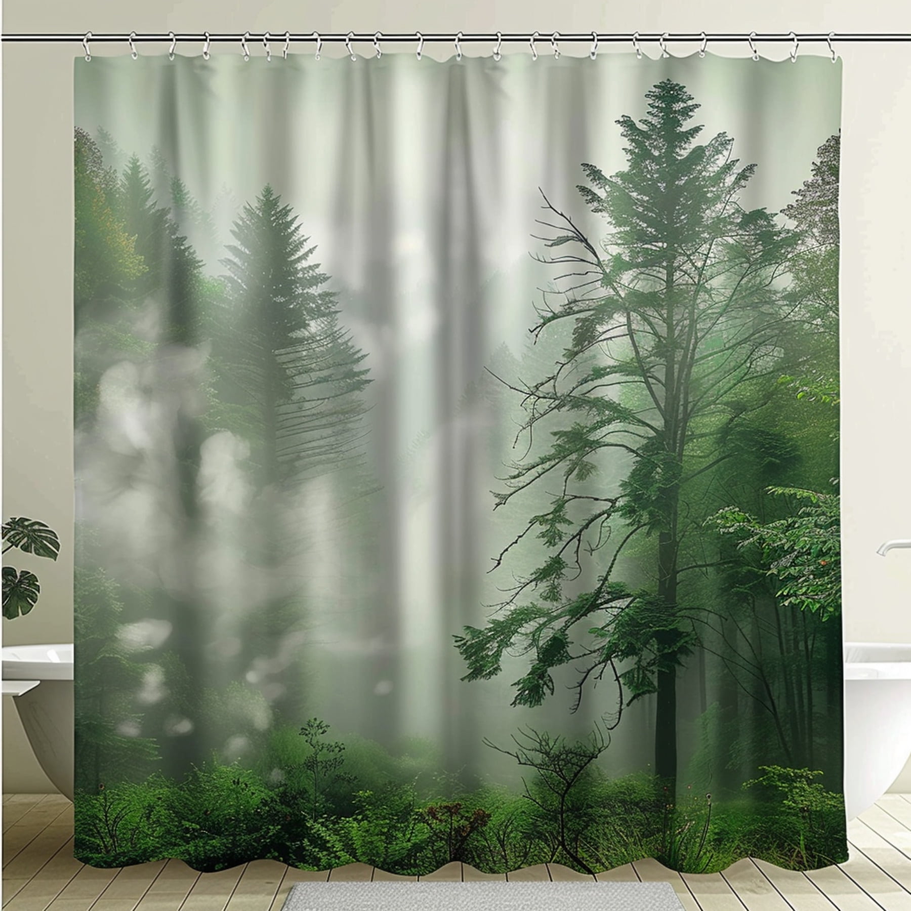 Enchanting Foggy Forest Shower Curtain Green Tree Patterns White Background Transform Your