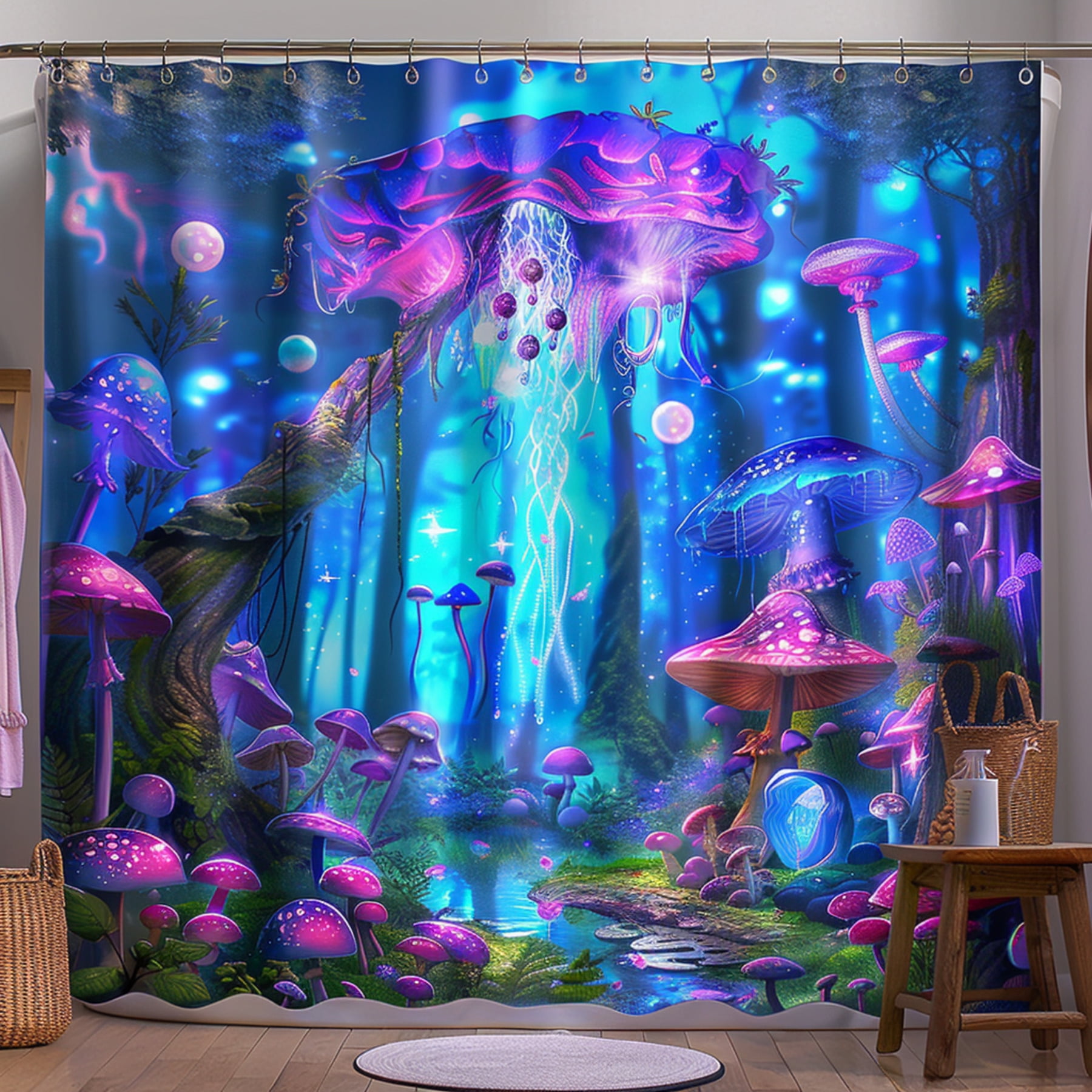 Enchanting Forest Fantasy Shower Curtain Vibrant Neon Colors Dreamy ...