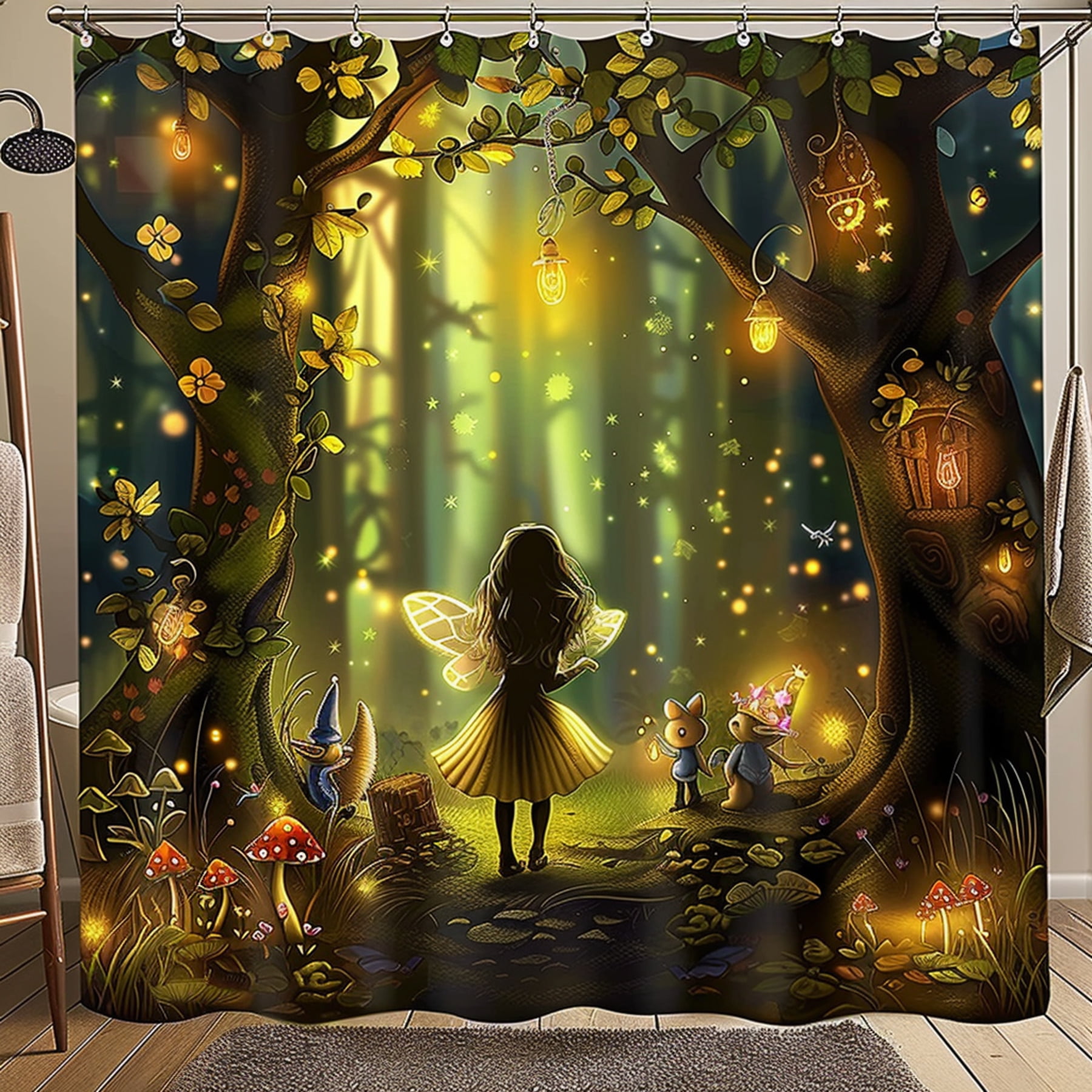 Enchanting Forest Friends Shower Curtain Cartoon Fairies Gnomes and