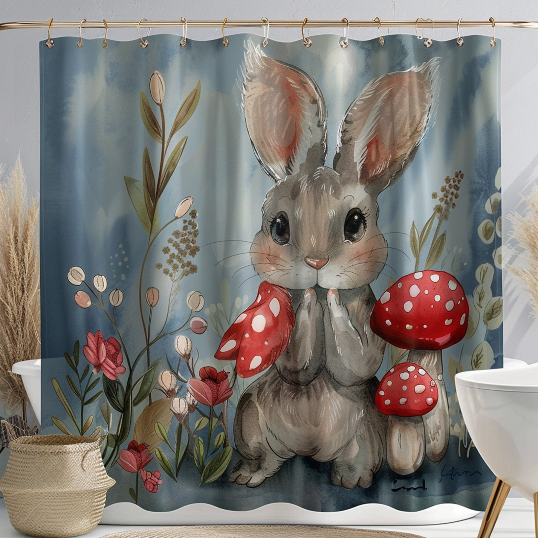 Enchanting Forest Friends Shower Curtain Rabbit and Mushroom Design