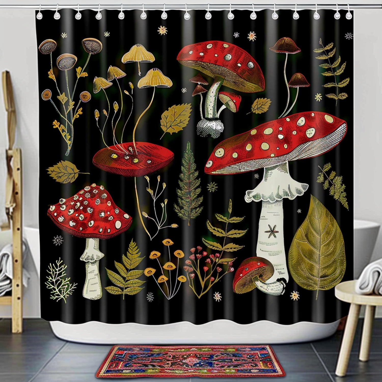 Enchanting Forest Mushroom Shower Curtain Set Vibrant Botanical Design