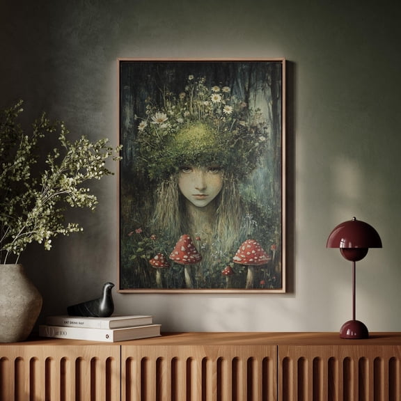 Enchanting Forest Spirit Wall Art Featuring Mystical Girl And Red Mushrooms - Captivating Nature-Inspired Home Decor Wall Art, Modern Wall Decor, 8x12 UNFRAMED