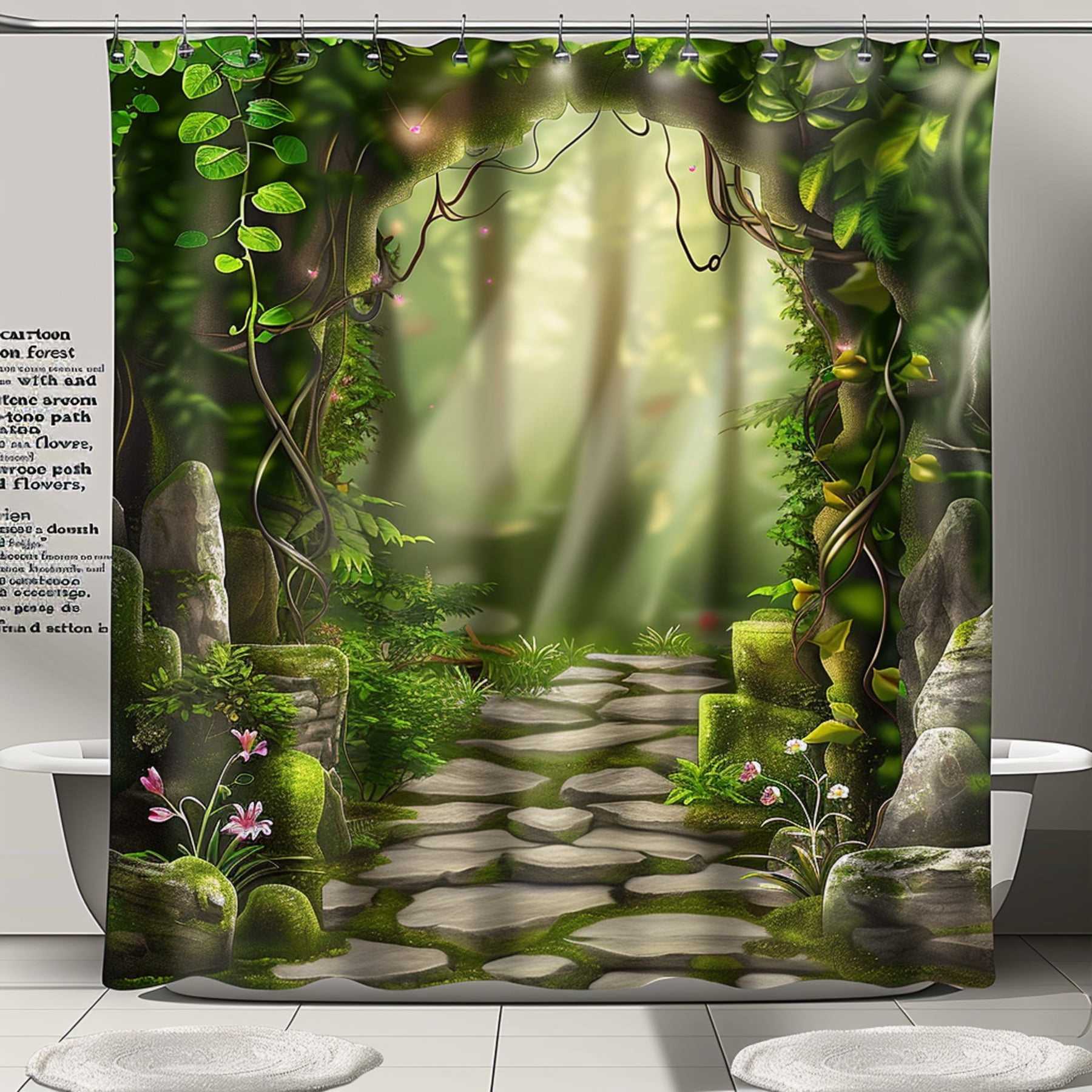 Enchanting Forest Stone Path Shower Curtain with Stone Arches and