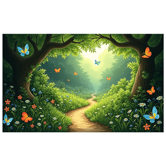 Enchanting Forest Themed Backdrop Banner with Butterflies Flowers and Pathway Party Decorations Photography Props Background for Garden Parties Outdoor Celebrations Family Gatherings and Photo Shoots