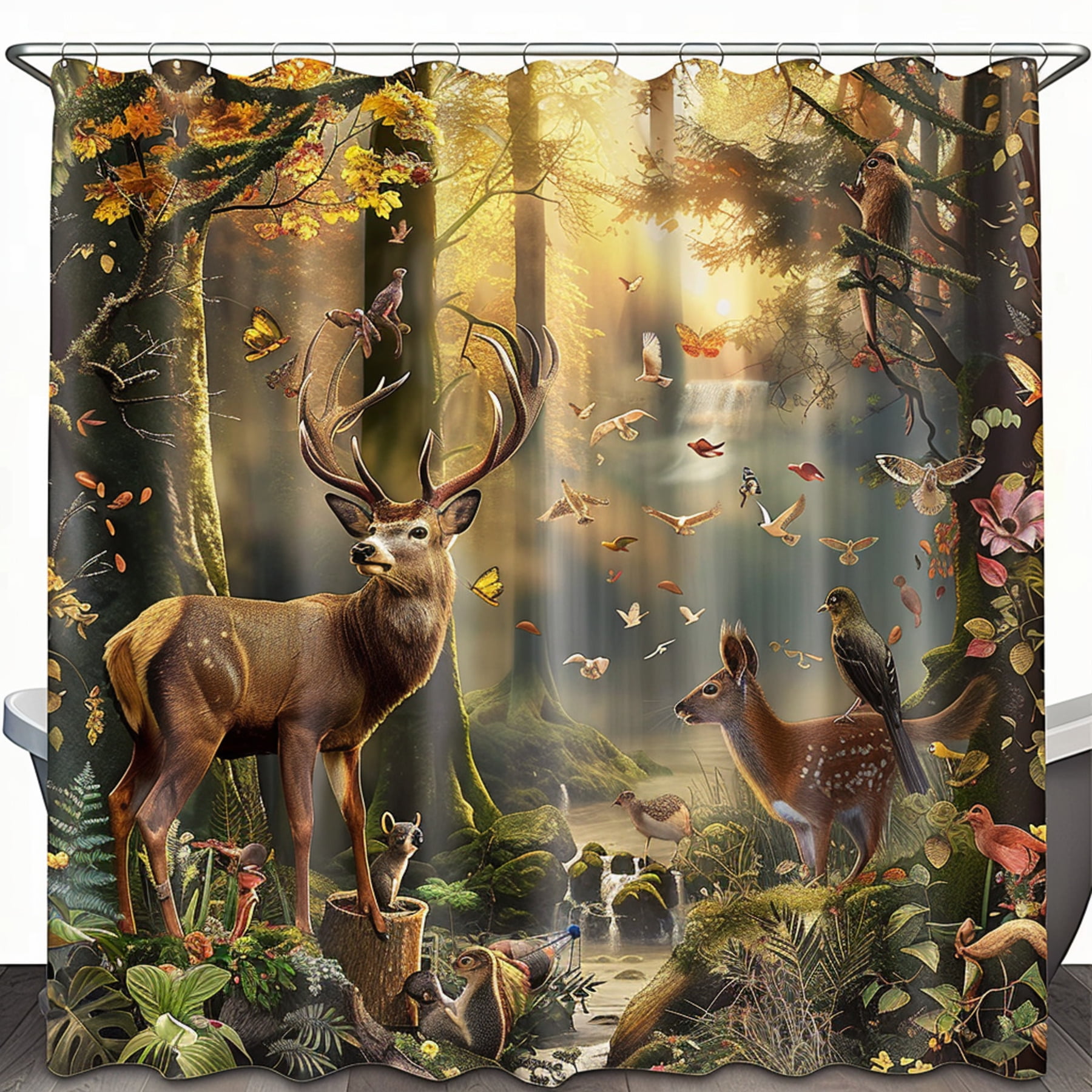 Enchanting Forest Wildlife Shower Curtain Deer Birds and Squirrels in 