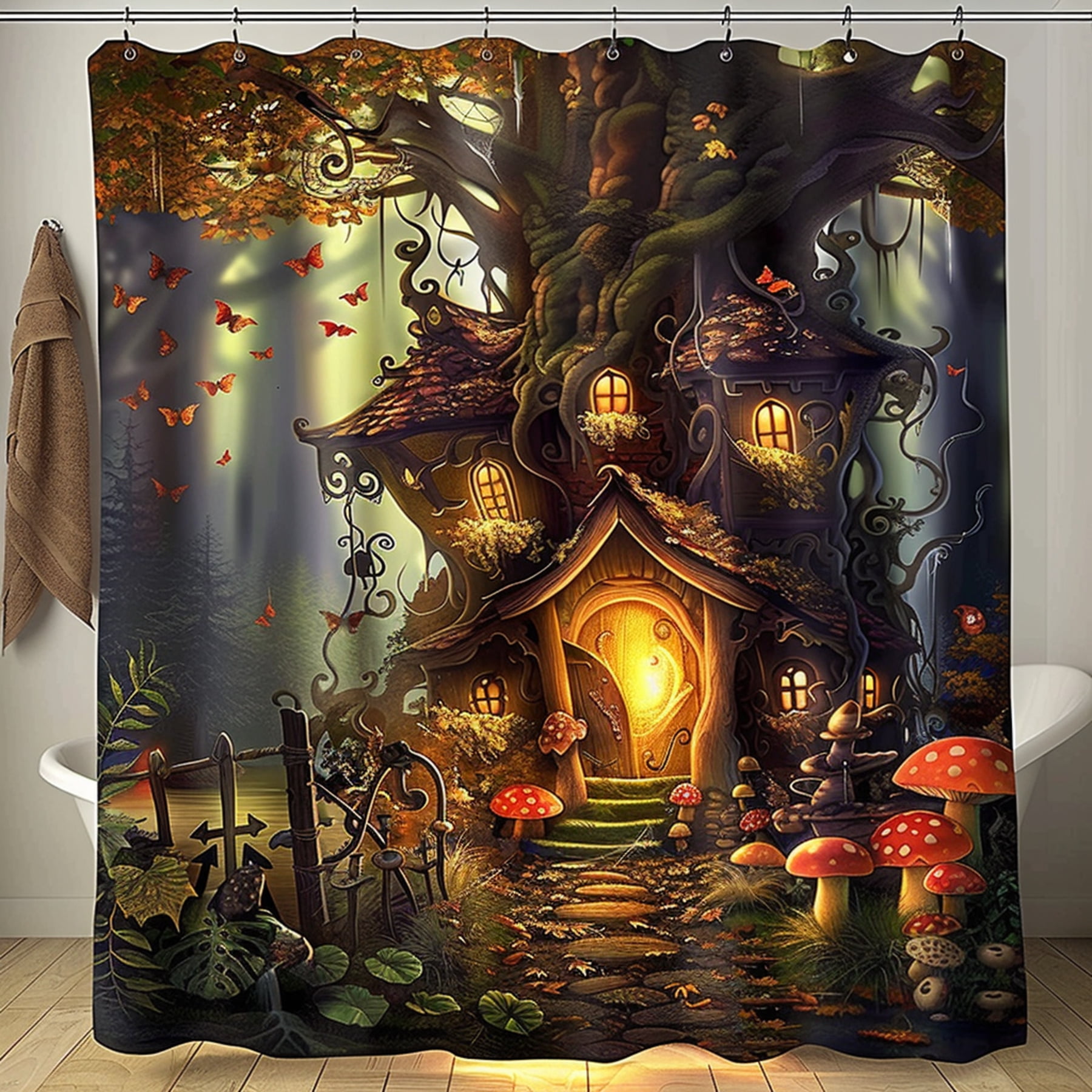 Enchanting Forest Witch House Shower Curtain with Glowing Lights Mushrooms and Trees Fantasy ...