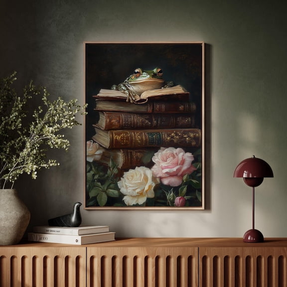 Enchanting Frog And Antique Books Wall Art - Whimsical Literary Decor For Study Or Library Wall Art, Modern Wall Decor, 16x24 UNFRAMED