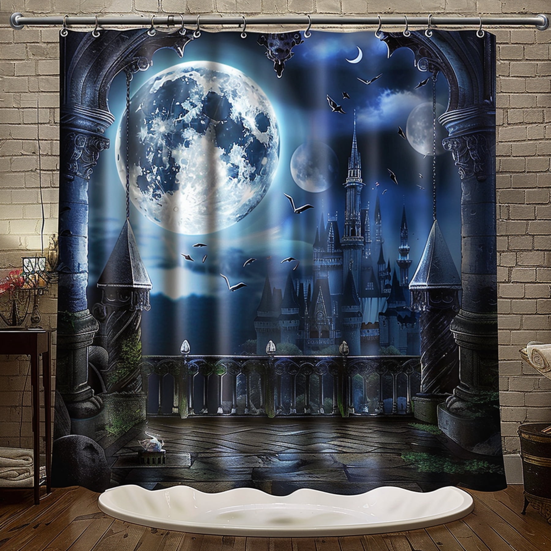 Enchanting Full Moon Castle Window Shower Curtain Immersive Fantasy