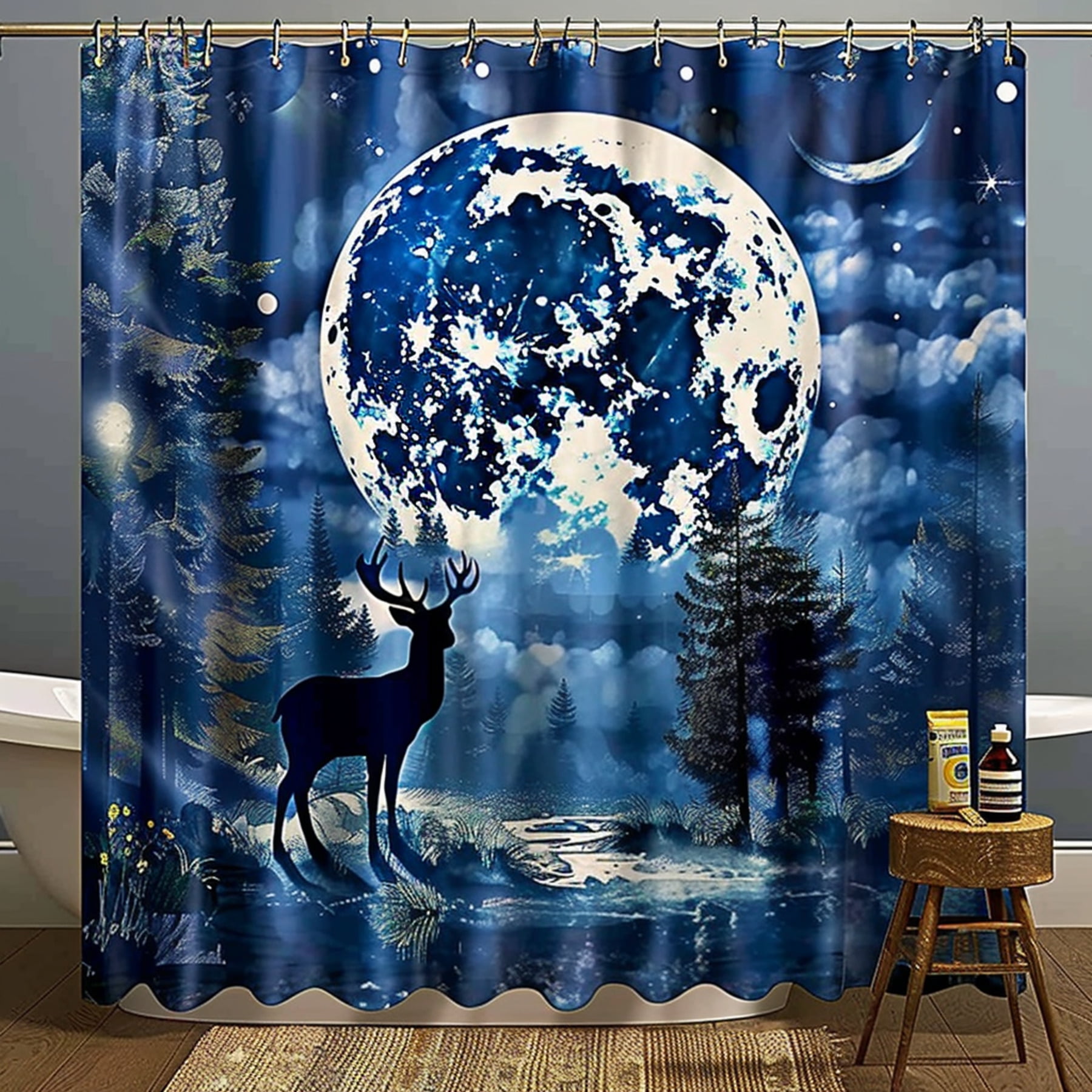 Enchanting Full Moon Forest Deer Shower Curtain Hyper Realistic Nature ...