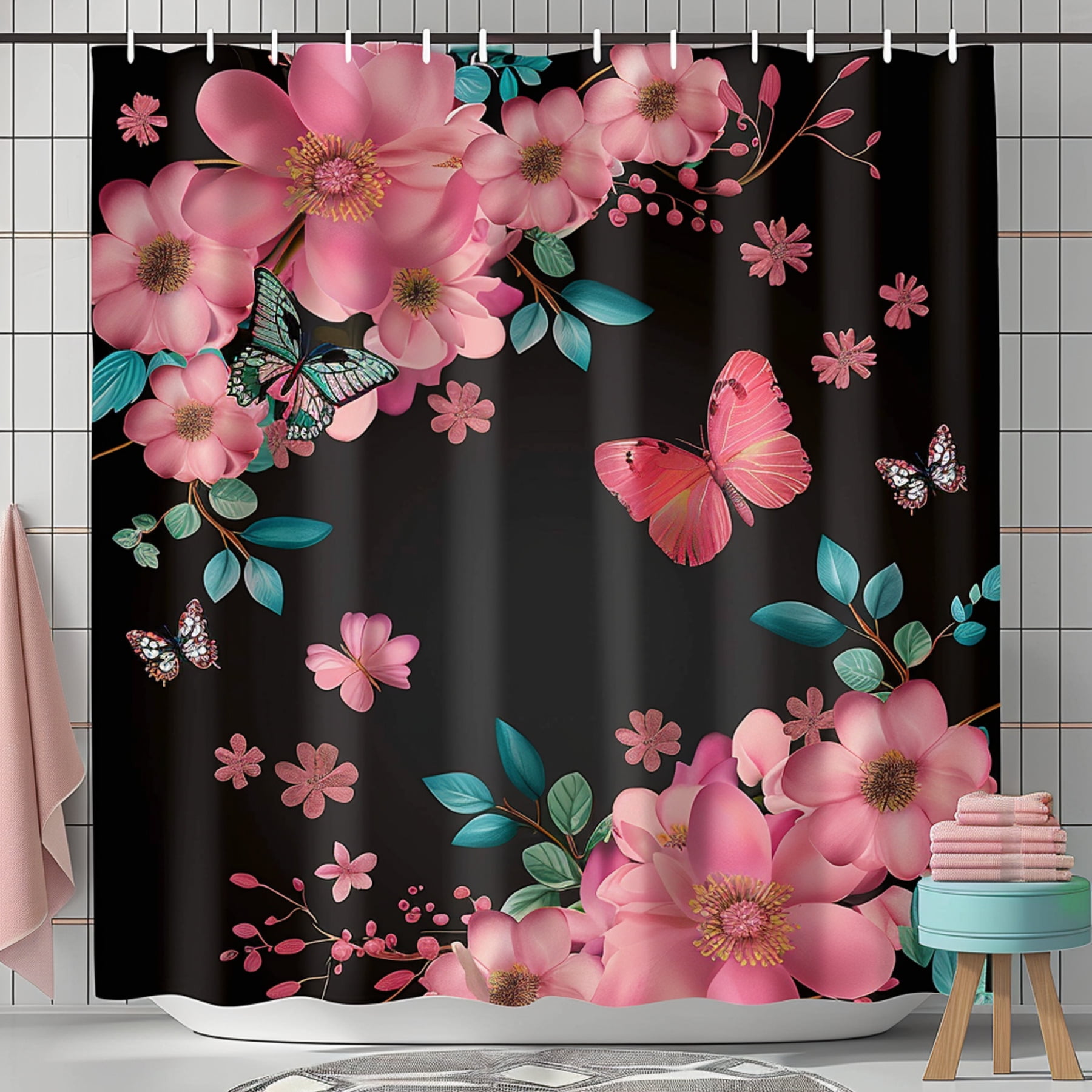 Enchanting Garden Delight Shower Curtain Black & White Flowers Pink ...