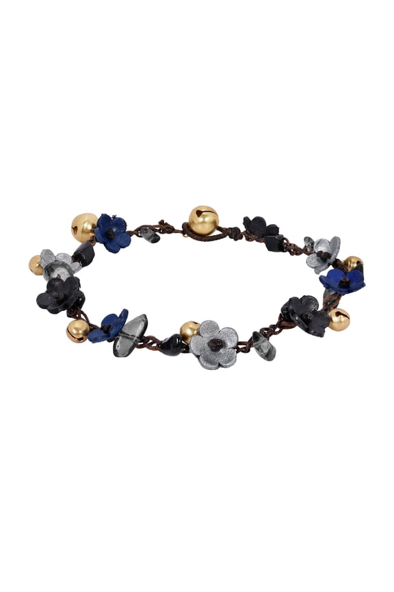 Enchanting Genuine Leather Daisies Flowers Brass Bells Jingle Anklet