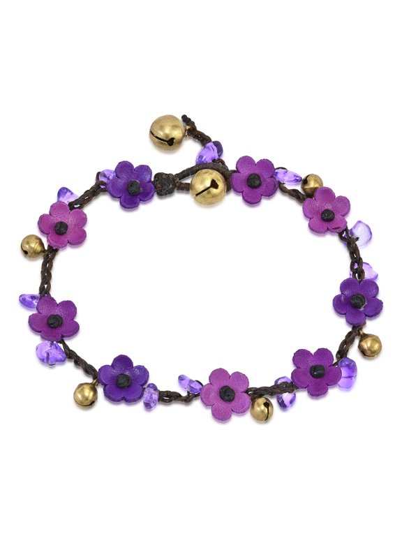 Enchanting Genuine Purple Leather Daisies Flowers Brass Bells Jingle Anklet