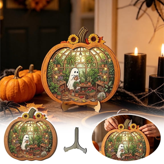 Enchanting Halloween Pumpkin Wooden Sign, Flat Tabletop Decor, Book Stack Ornament, Cute Mantel Home Accent
