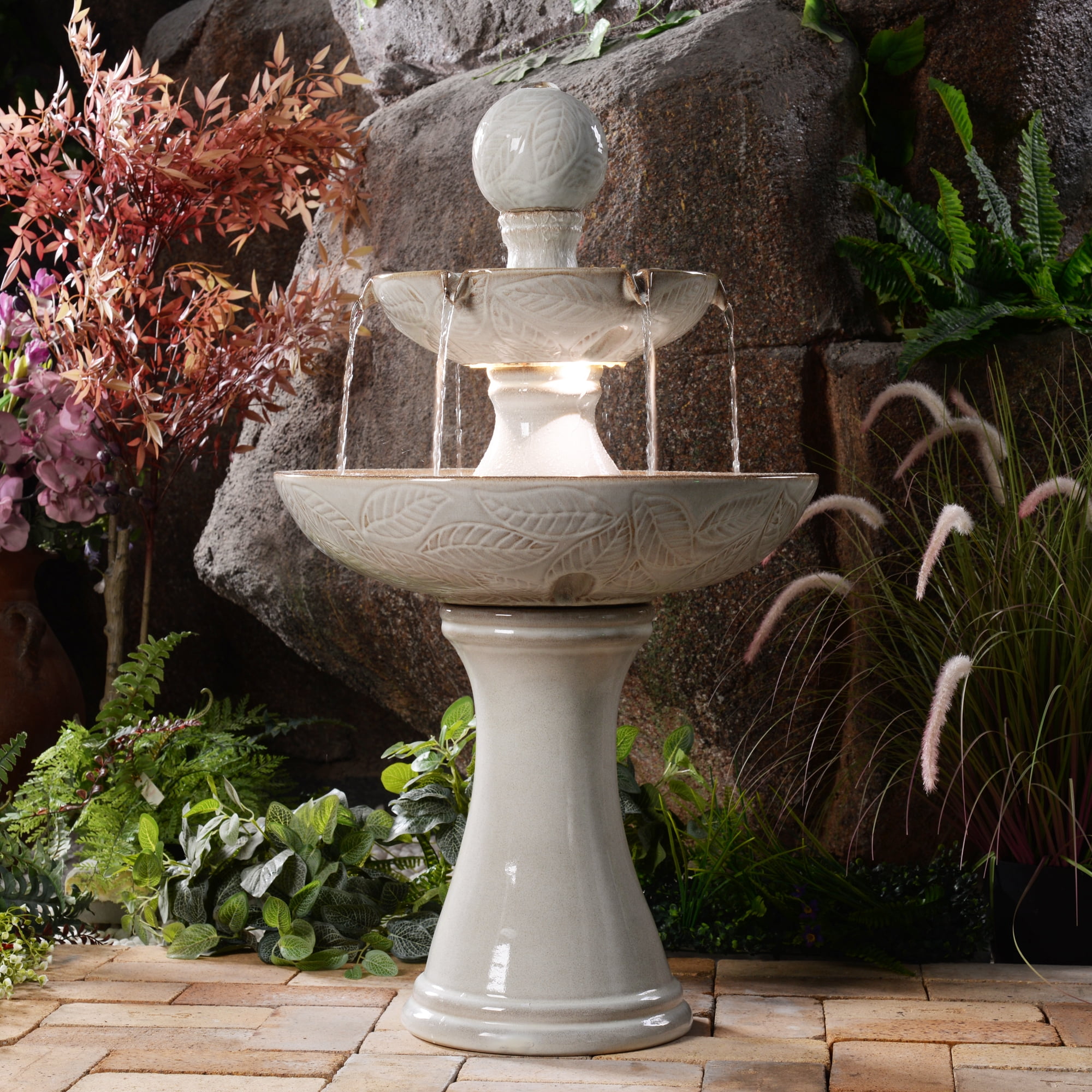 Enchanting Ivory 2 Tier Ceramic Fountain with Lights: Serenity in Every Cascade