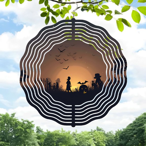 Enchanting Metal Hanging Wind Spinner - Concentric Rings Design with Sunset Moon and Silhouetted Figures - Perfect for Yard & Garden Decor