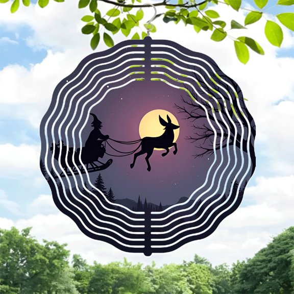 Enchanting Metal Hanging Wind Spinner - Vortex Design with Moonlit Reindeer Perfect for Yard & Garden Decor