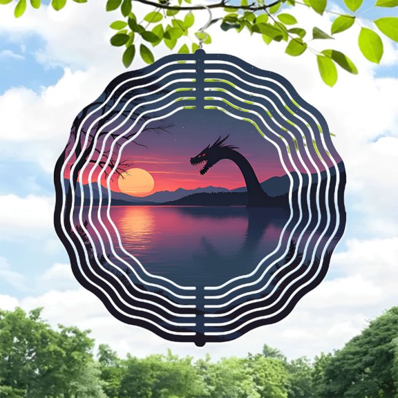 Enchanting Metal Hanging Wind Spinners & Chimes - Serene Lakeside Dragon Design for Yard & Garden Decor Vibrant Sunset Colors