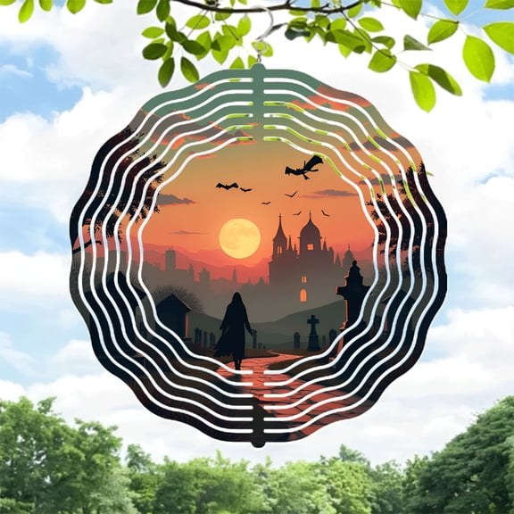 Enchanting Metal Hanging Wind Spinners & Chimes - Twirling Design with Castle Silhouette & Moonlit Charm for Garden Decor