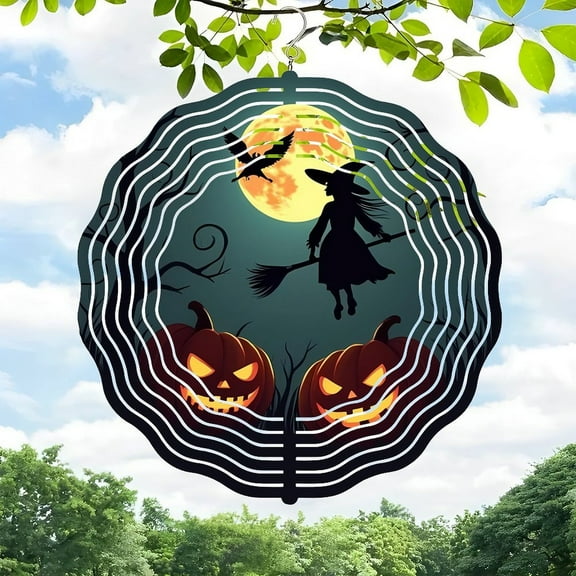 Enchanting Metal Hanging Wind Spinners & Chimes - Whimsical Witch Design with Full Moon & Pumpkins for Garden Decor