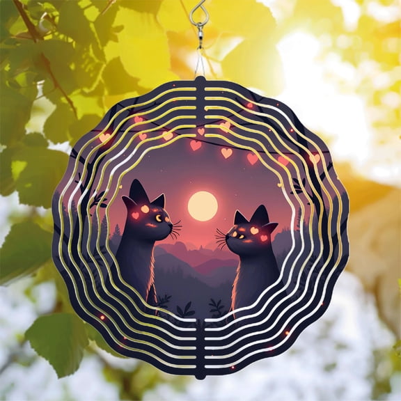 Enchanting Metal Hanging Wind Spinners with Glowing Heart Cat Design - Perfect for Yard and Garden Decor Serene Dusk Aesthetic