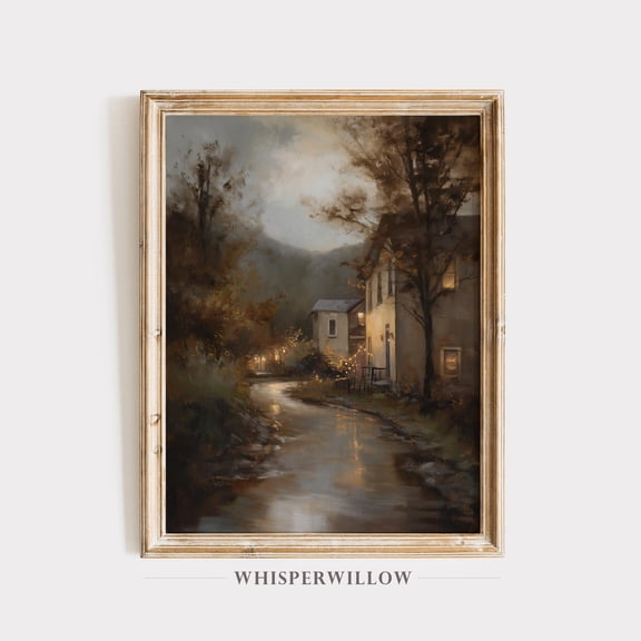 Enchanting Moody Autumn Stream,, Rustic Village Landscape, Cozy Warm Lights Fall Decor, Muted Country Scene Home Decor, 16x24 UNFRAMED