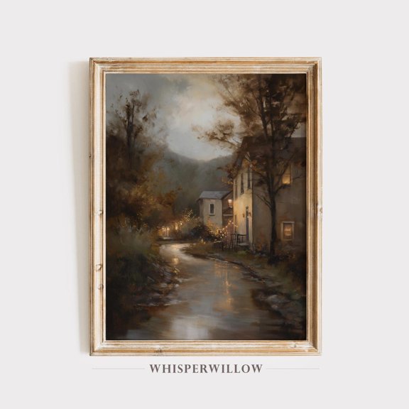 Enchanting Moody Autumn Stream,, Rustic Village Landscape, Cozy Warm Lights Fall Decor, Muted Country Scene Unframed Paper Print