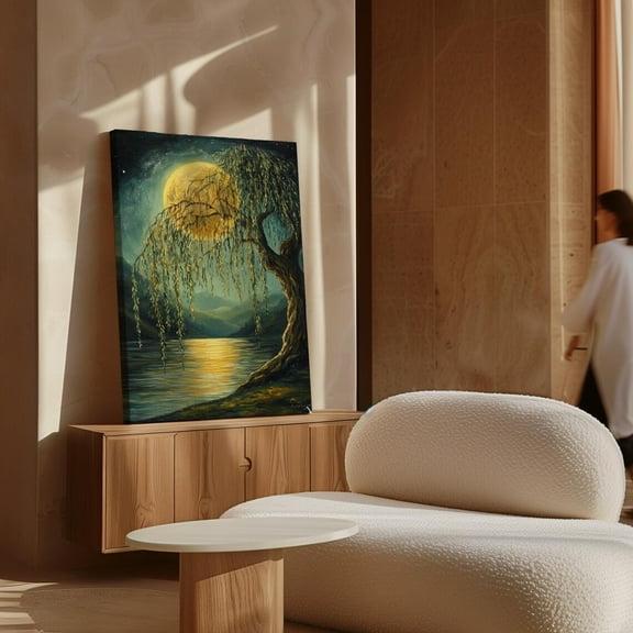 Enchanting Moonlit Willow Tree – Serene Nature Art With Glowing Full Moon And Reflective Water, Tranquil Wall Decor Wall Art, Modern Wall Decor, 8x12 UNFRAMED