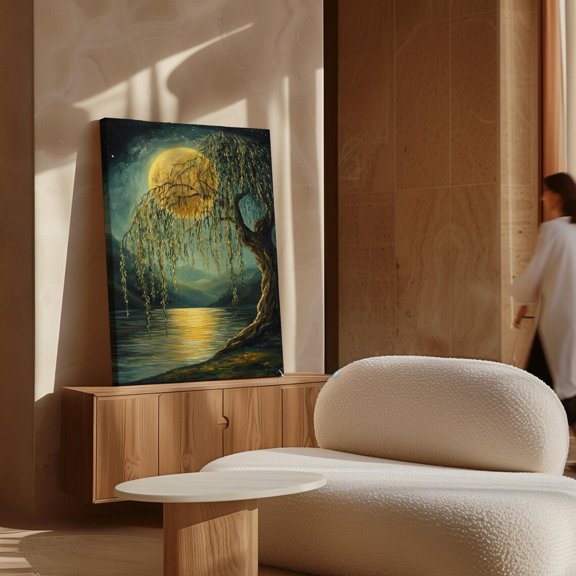 Enchanting Moonlit Willow Tree Serene Nature Art With Glowing Full Moon And Reflective Water Tranquil Wall Decor Wall Art Modern Wall Decor Art