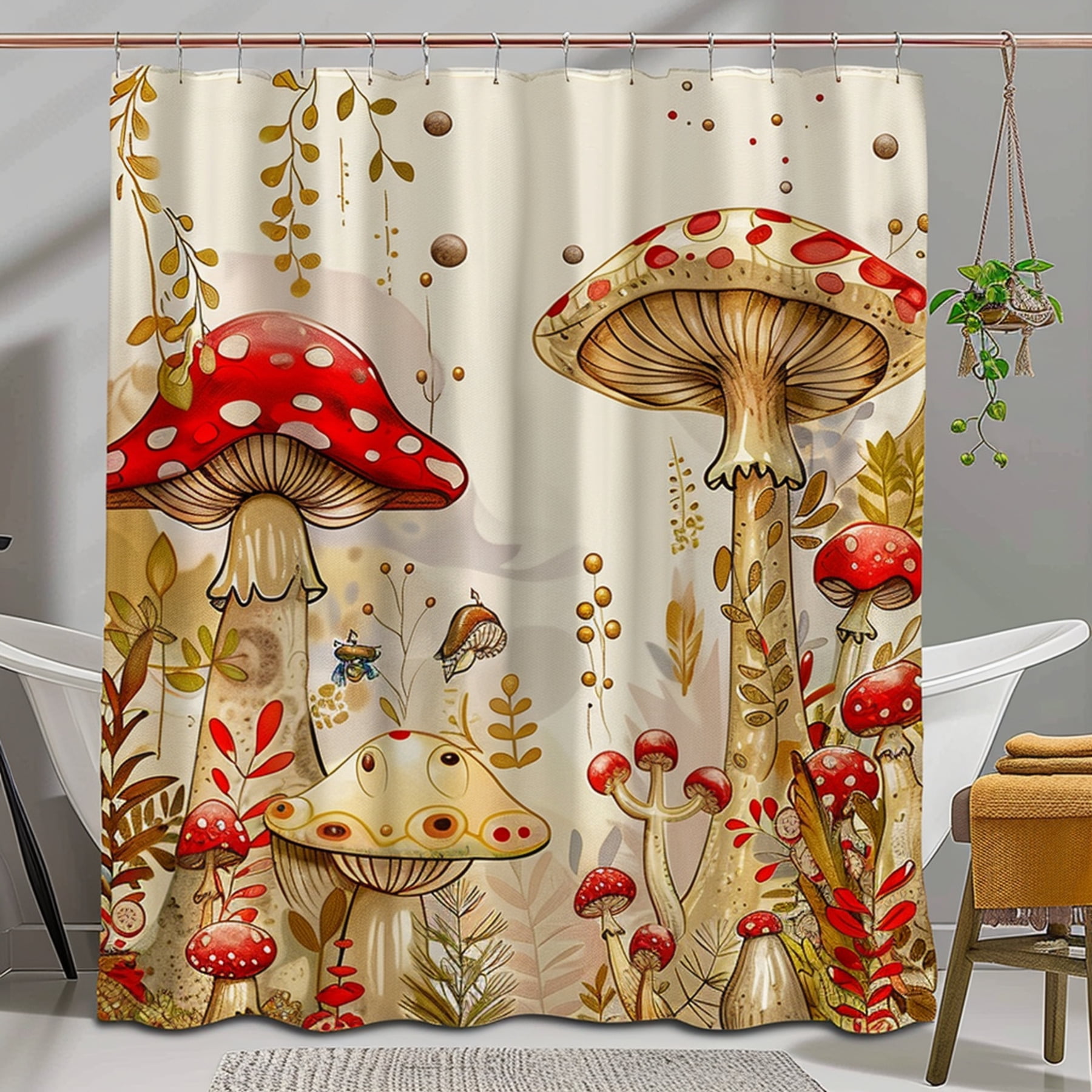 Enchanting Mushroom Forest Shower Curtain Beige Background Fantasy ...