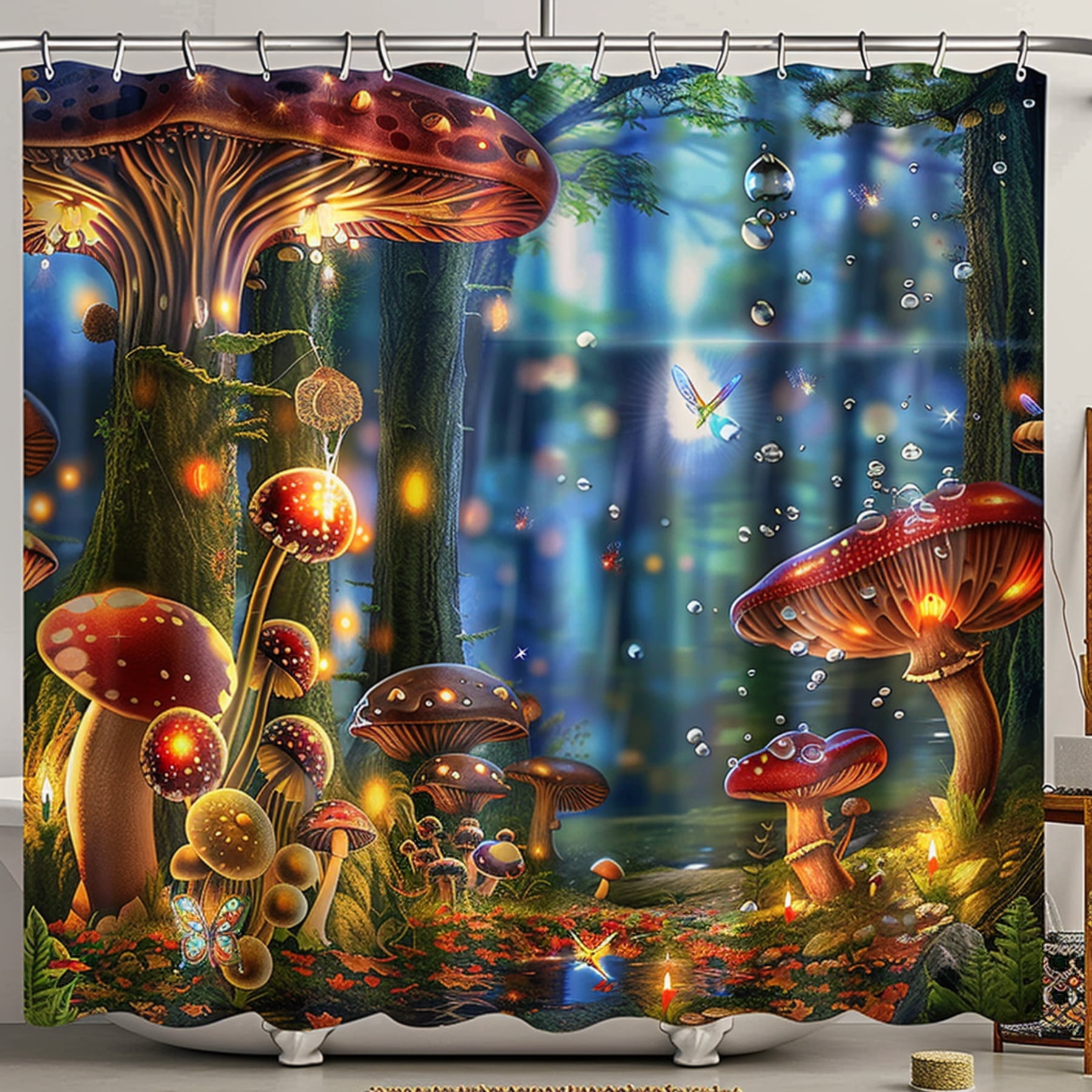 Enchanting Mushroom Forest Shower Curtain with Glowing Mushrooms